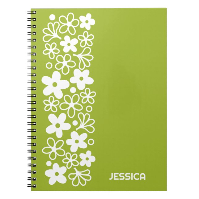 Crazy Daisy Pattern in Spring Green with Name Notebook (Front)