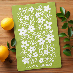 Crazy Daisy Pattern in Spring Green with Name Tea Towel