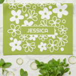 Crazy Daisy Pattern in Spring Green with Name Tea Towel<br><div class="desc">A vintage pattern in Spring Green with a place for a name or other text. The crazy daisy design has a groovy floral pattern. A minimal look in subtle colours with a simple sans serif font for a monogram.</div>
