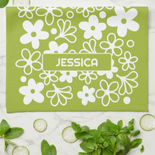 Crazy Daisy Pattern in Spring Green with Name Tea Towel
