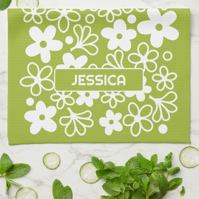 Crazy Daisy Pattern in Spring Green with Name Tea Towel (Folded)