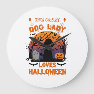 Crazy Dog Lady Loves Halloween Poodle Pumpkin Tomb Large Clock