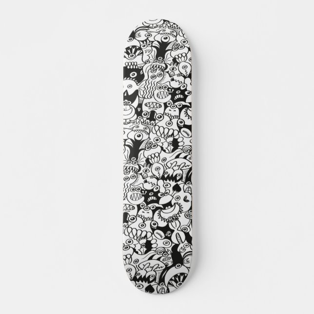 Crazy doodles posing in a seamless pattern design skateboard (Front)