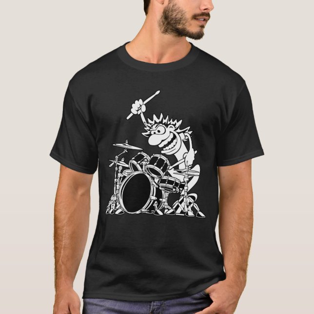 Crazy Drummer Cartoon Illustration T-Shirt (Front)