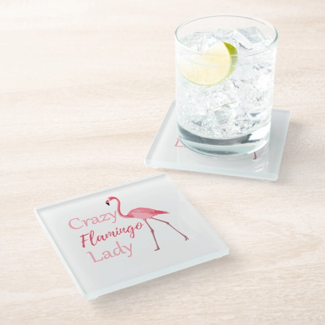 Crazy Flamingo Lady Funny Flamingo Glass Coaster (Angled)