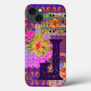 Crazy Floral Patchwork Colourful Purple Monogram iPhone 13 Case
