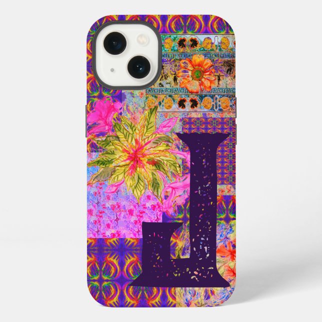 Crazy Floral Patchwork Colourful Purple Monogram iPhone Case (Back)