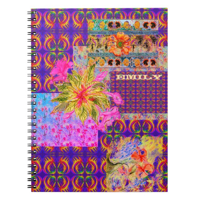 Crazy Floral Patchwork Colourful Purple Notebook (Front)