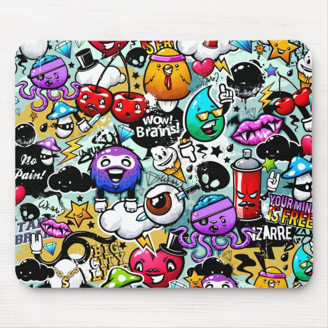 Crazy Fruits and Vegetables Graffiti Art Mouse Mat (Front)