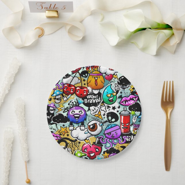 Crazy Fruits and Vegetables Graffiti Art Paper Plate (Wedding)