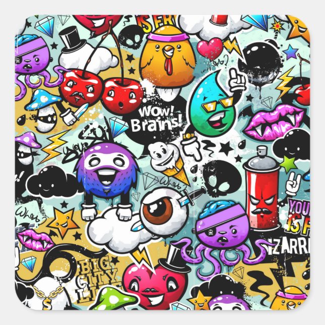 Crazy Fruits and Vegetables Graffiti Art Square Sticker (Front)