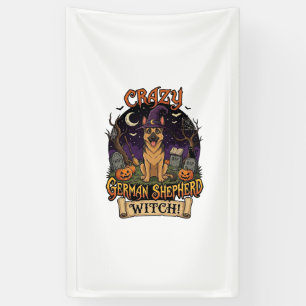 Crazy German Shepherd Witch Halloween Dog Pumpkins Banner