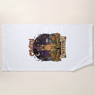 Crazy German Shepherd Witch Halloween Dog Pumpkins Beach Towel