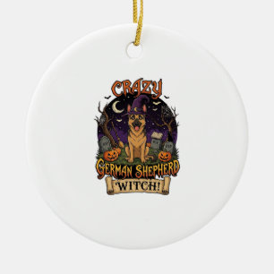 Crazy German Shepherd Witch Halloween Dog Pumpkins Ceramic Tree Decoration