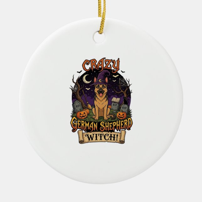 Crazy German Shepherd Witch Halloween Dog Pumpkins Ceramic Tree Decoration (Front)