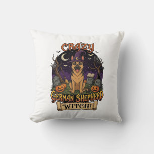 Crazy German Shepherd Witch Halloween Dog Pumpkins Cushion