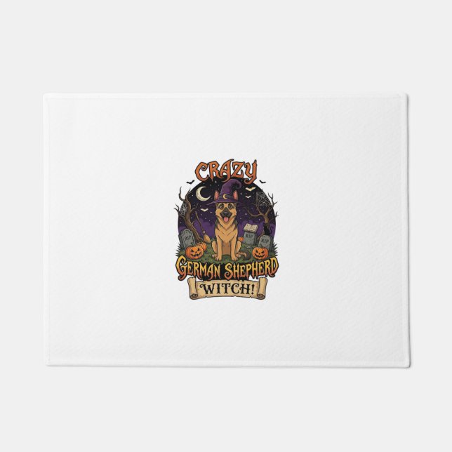 Crazy German Shepherd Witch Halloween Dog Pumpkins Doormat (Front)