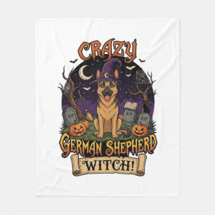 Crazy German Shepherd Witch Halloween Dog Pumpkins Fleece Blanket