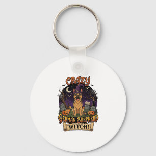 Crazy German Shepherd Witch Halloween Dog Pumpkins Key Ring