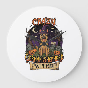 Crazy German Shepherd Witch Halloween Dog Pumpkins Large Clock