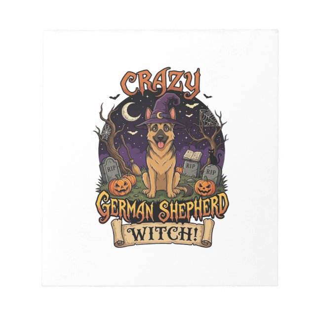 Crazy German Shepherd Witch Halloween Dog Pumpkins Notepad (Front)