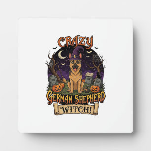 Crazy German Shepherd Witch Halloween Dog Pumpkins Plaque