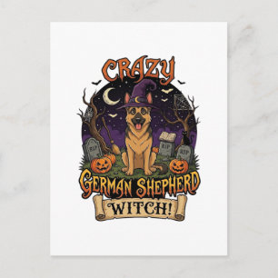 Crazy German Shepherd Witch Halloween Dog Pumpkins Postcard