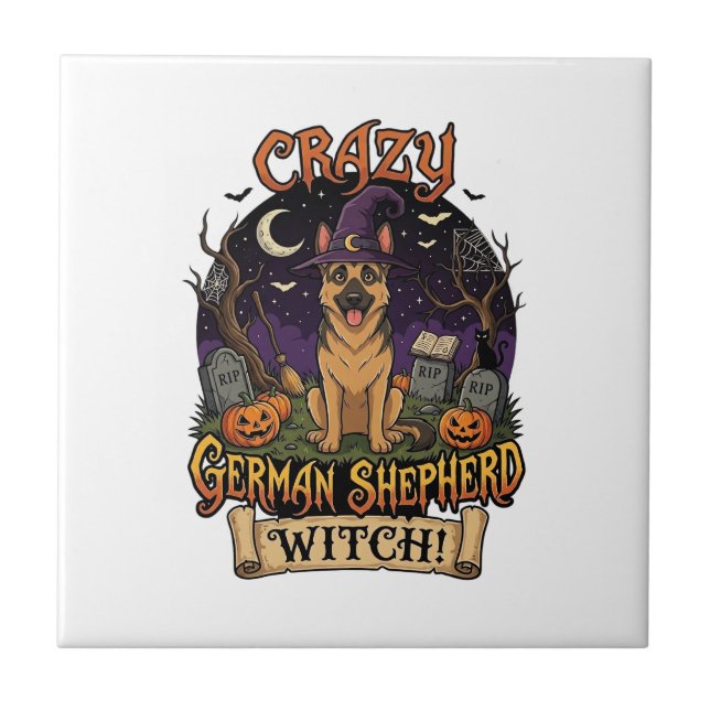 Crazy German Shepherd Witch Halloween Dog Pumpkins Tile (Front)