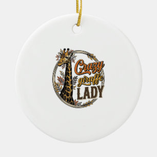 Crazy Giraffe Lady Vintage Engraving Shirt Design_ Ceramic Tree Decoration