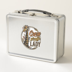 Crazy Giraffe Lady Vintage Engraving Shirt Design_ Metal Lunch Box