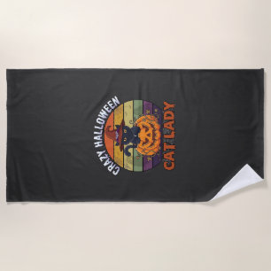 Crazy Halloween Cat Lady Black Pumpkin Witch Hat Beach Towel