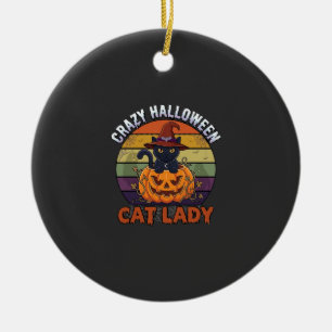 Crazy Halloween Cat Lady Black Pumpkin Witch Hat Ceramic Tree Decoration