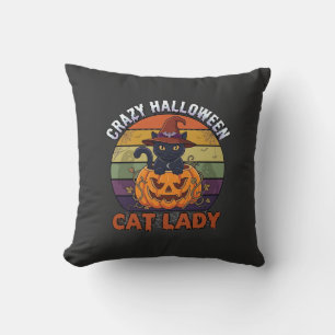 Crazy Halloween Cat Lady Black Pumpkin Witch Hat Cushion