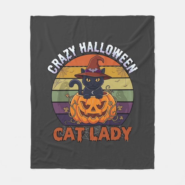 Crazy Halloween Cat Lady Black Pumpkin Witch Hat Fleece Blanket (Front)