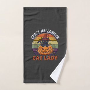 Crazy Halloween Cat Lady Black Pumpkin Witch Hat Hand Towel