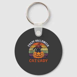 Crazy Halloween Cat Lady Black Pumpkin Witch Hat Key Ring