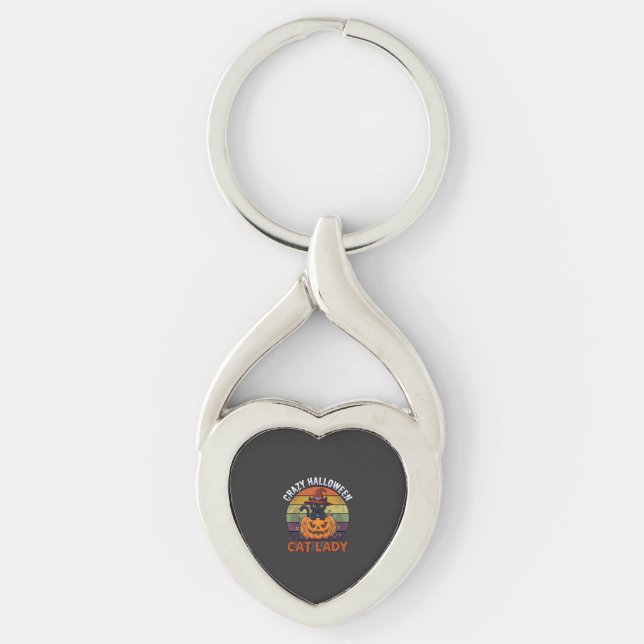 Crazy Halloween Cat Lady Black Pumpkin Witch Hat Key Ring (Front)