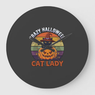 Crazy Halloween Cat Lady Black Pumpkin Witch Hat Large Clock