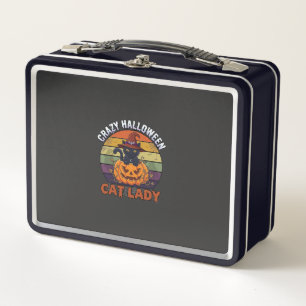 Crazy Halloween Cat Lady Black Pumpkin Witch Hat Metal Lunch Box
