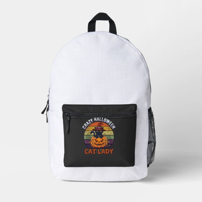 Crazy Halloween Cat Lady Black Pumpkin Witch Hat Printed Backpack (Front)
