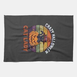 Crazy Halloween Cat Lady Black Pumpkin Witch Hat Tea Towel