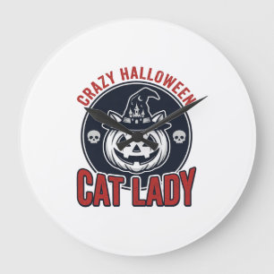 Crazy Halloween Cat Lady Vintage Witch Cat Shirt_1 Large Clock