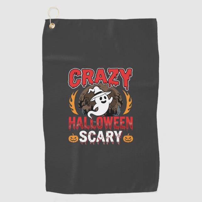 Crazy Halloween Scary Ghost and Pumpkin Design Golf Towel (Front)