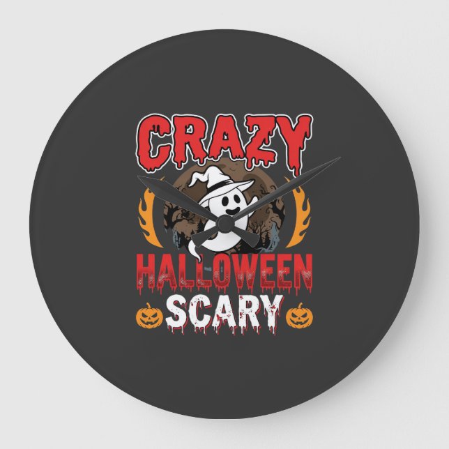 Crazy Halloween Scary Ghost and Pumpkin Design Large Clock (Front)