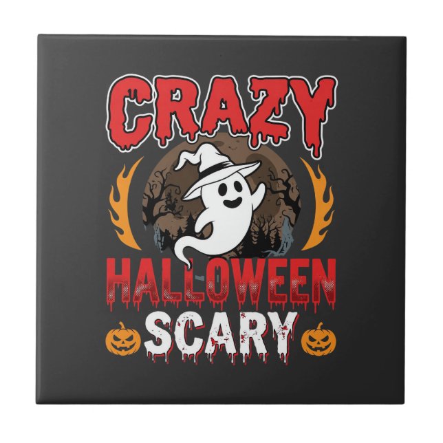 Crazy Halloween Scary Ghost and Pumpkin Design Tile (Front)