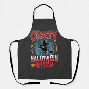 Crazy Halloween Witch Flying Broom Horror Design Apron