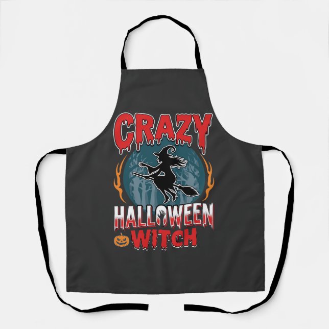 Crazy Halloween Witch Flying Broom Horror Design Apron (Front)
