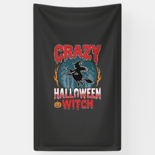 Crazy Halloween Witch Flying Broom Horror Design Banner