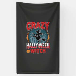 Crazy Halloween Witch Flying Broom Horror Design Banner