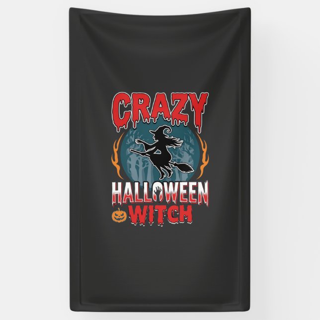 Crazy Halloween Witch Flying Broom Horror Design Banner (Vertical)